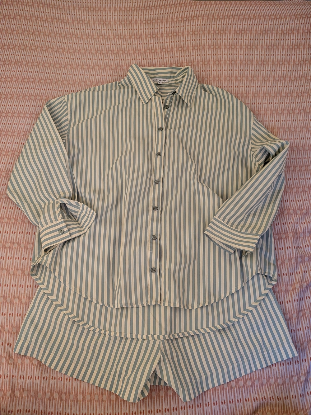 Pretty Garbage - Striped Green and White Button-Up Shirt And Shorts Set - M